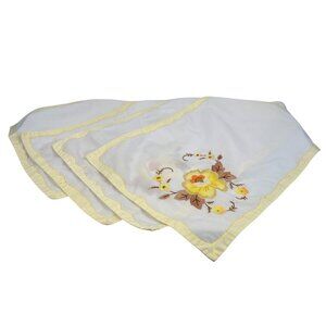 Vintage Hand-Embroidered Floral Linen Placemats Set Of 4 Yellow Brown Orange